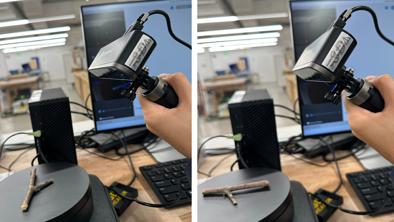 Scanning a branch with a handheld 3D scanner on a turntable